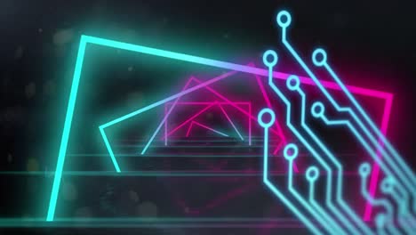 Animation-Einer-Computerplatine-über-Neonformen-Auf-Schwarzem-Hintergrund