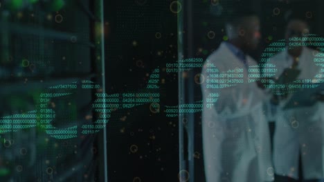 animation of data processing over african american workers in server room