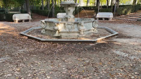 filming with a camera elevation discovering the surprising vertumno fountain surrounded by taps with water jets, in the middle the roman god appears in marble, it is in the royal gardens