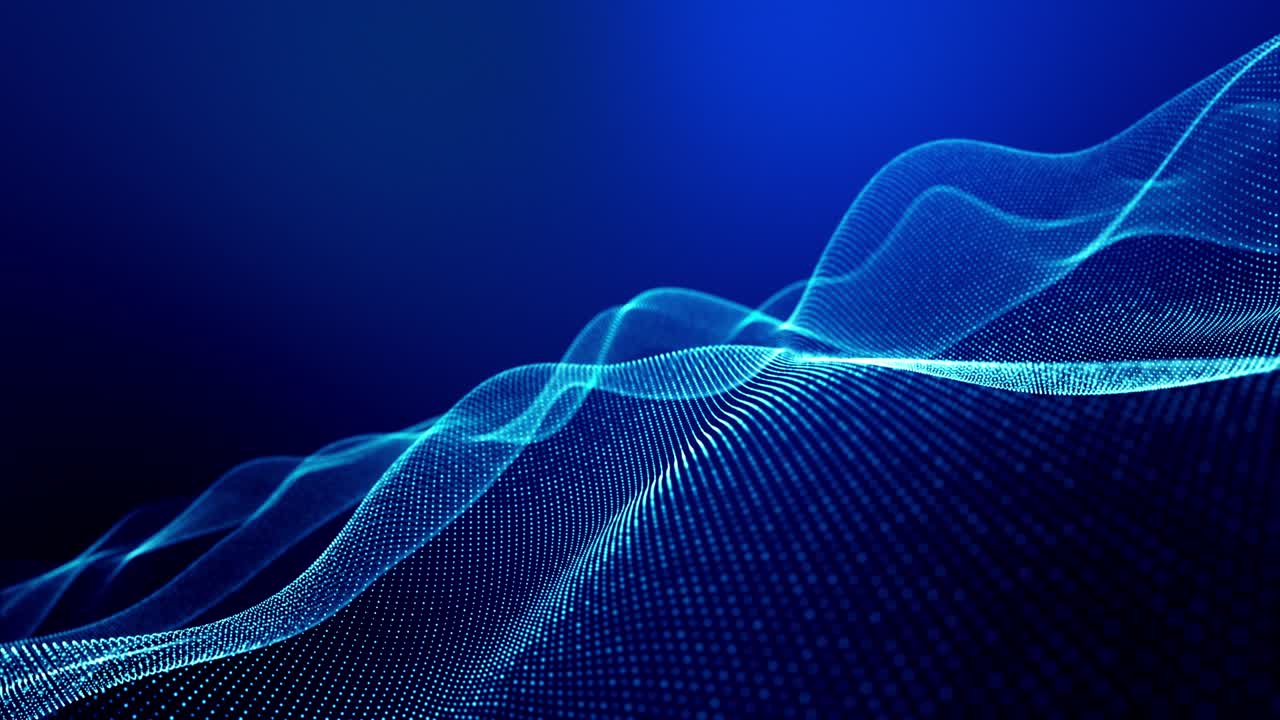 4k looped abstract background of glow particles form lines, surfaces as futuristic landscape in cyberspace or hologram. Sci-fi theme of microworld, nanotechnology or cosmic space. Blue 14