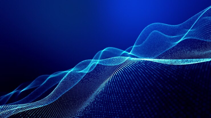 4k looped abstract background of glow particles form lines, surfaces as futuristic landscape in cyberspace or hologram. Sci-fi theme of microworld, nanotechnology or cosmic space. Blue 14
