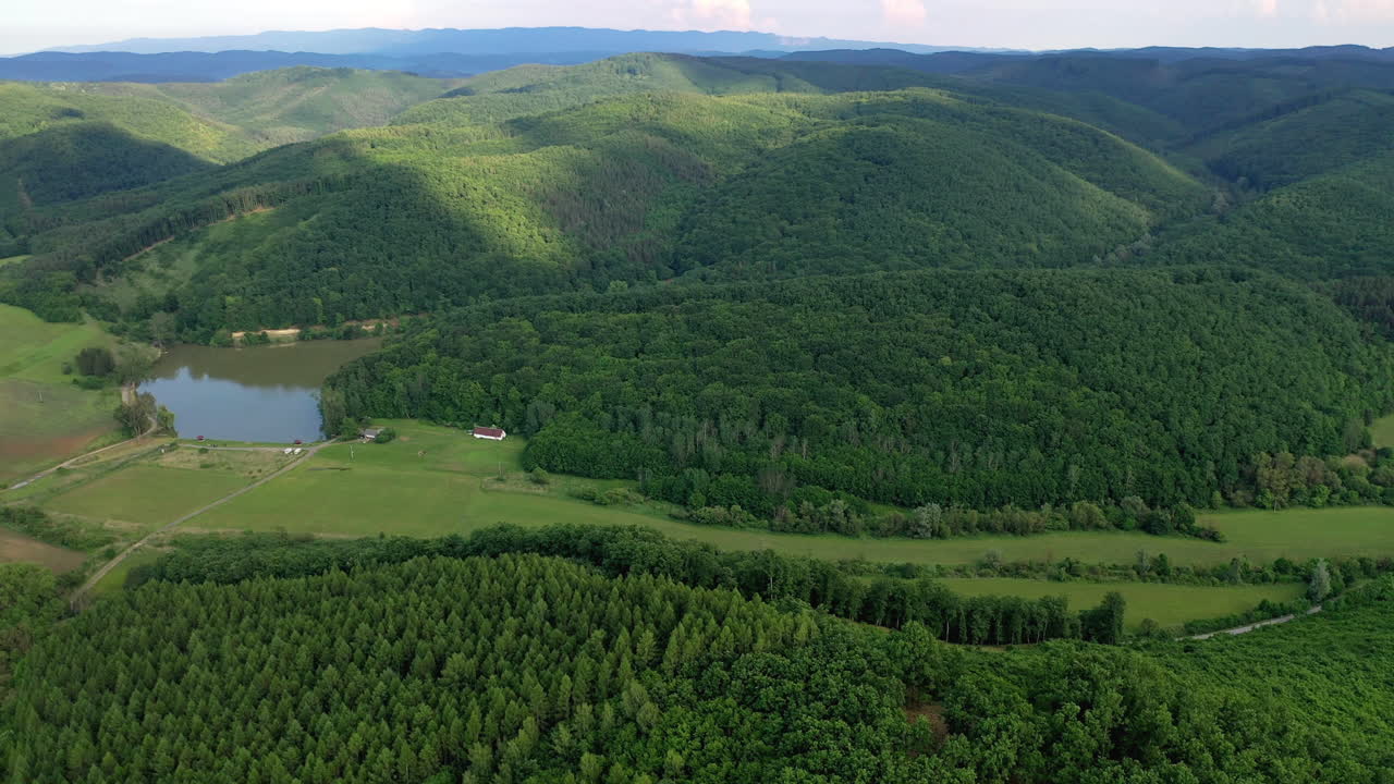 Aerial View of Serene Forest Lake and Mountains