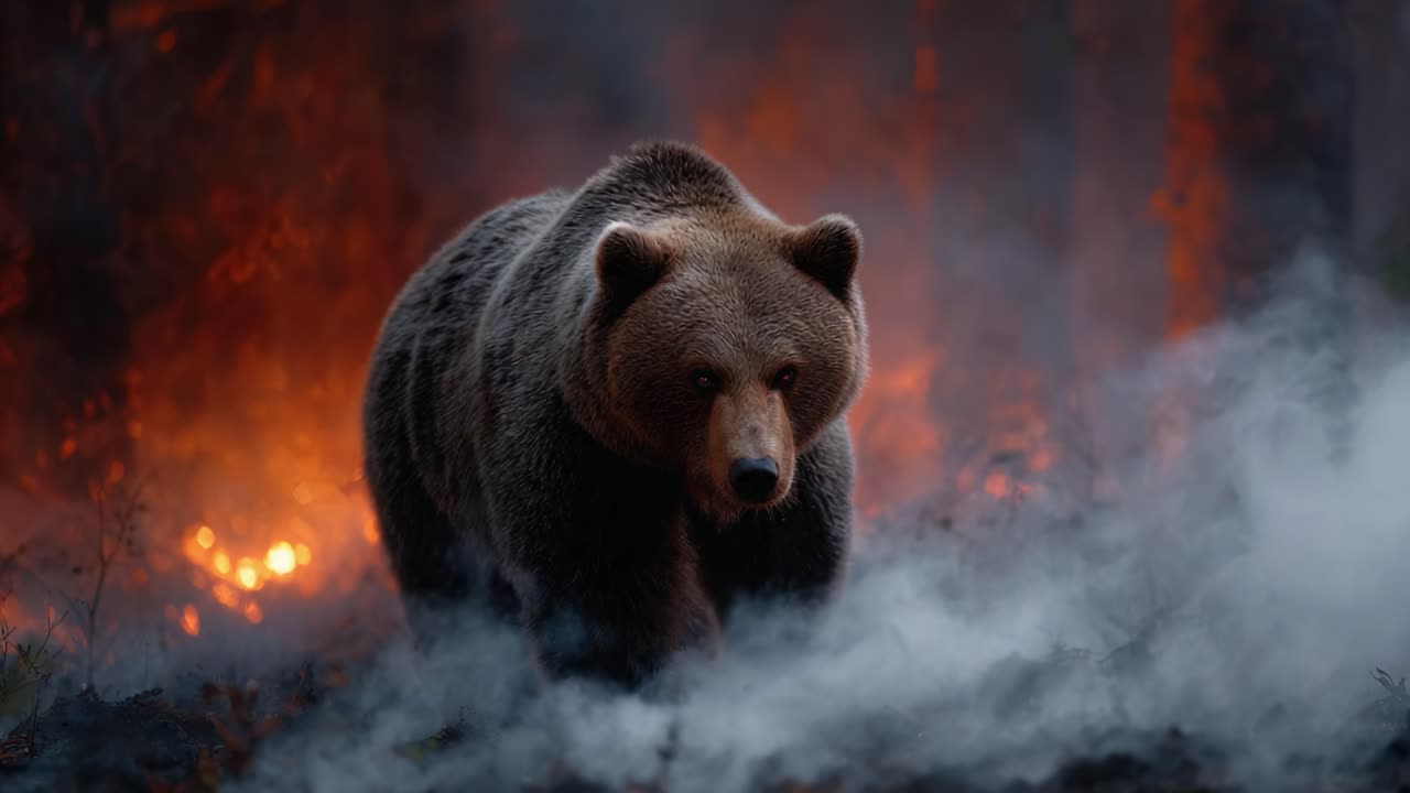 A Grizzly Bear Navigates Through a Smoky Forest with Fiery Glows in the Background, Capturing the Struggles of Wildlife in a Resilient Environment
