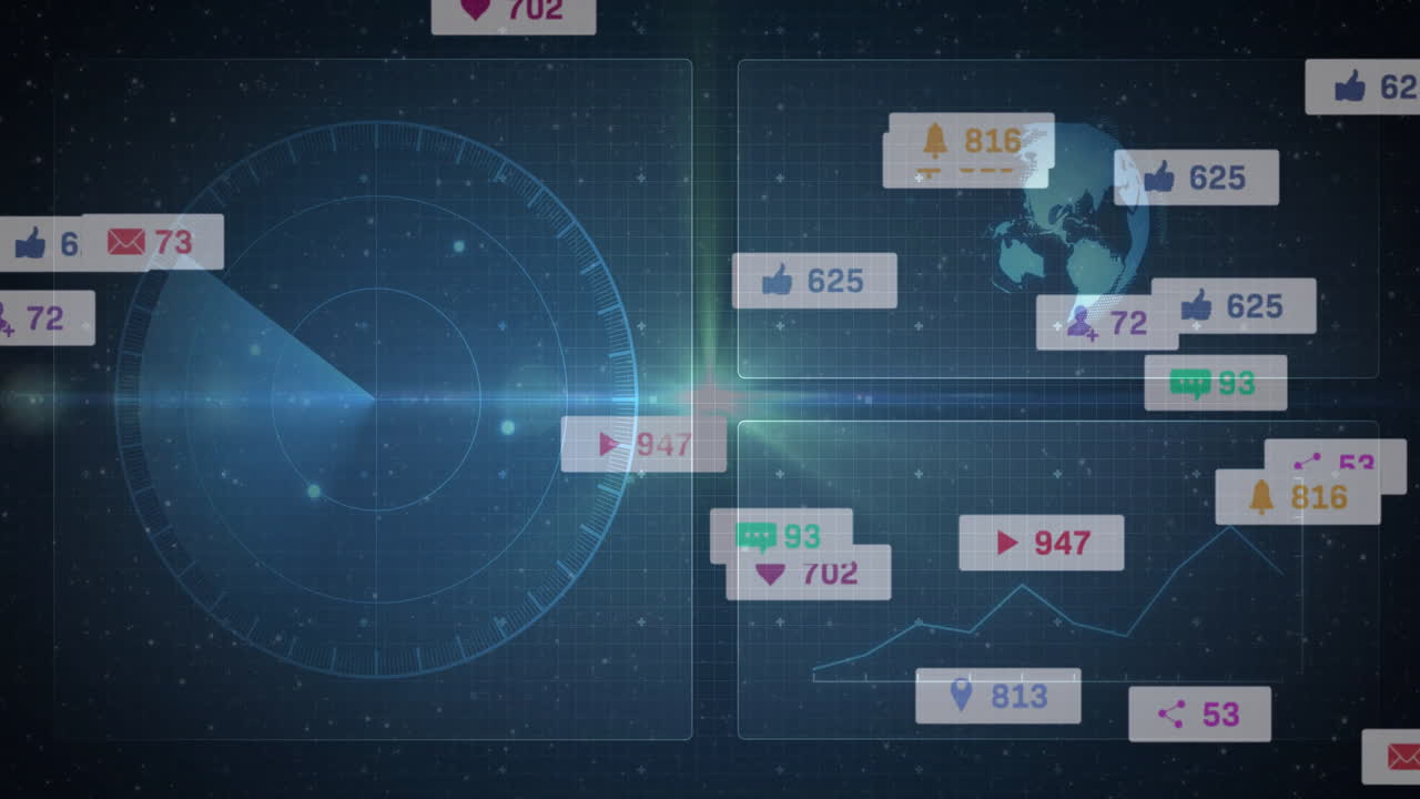 Digital interface showing social media notifications and global connectivity animation