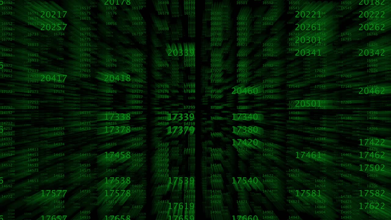 Green numbers zooming through digital matrix, concept of data processing and coding