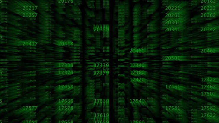 Green numbers zooming through digital matrix, concept of data processing and coding
