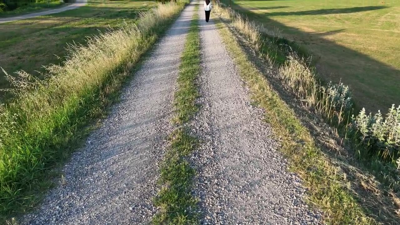 Lone woman walking along a gravel country road bordered by wild grasses, revealing peaceful rural scenery, long evening shadows and outdoor recreation, drone top-down tracking shot.