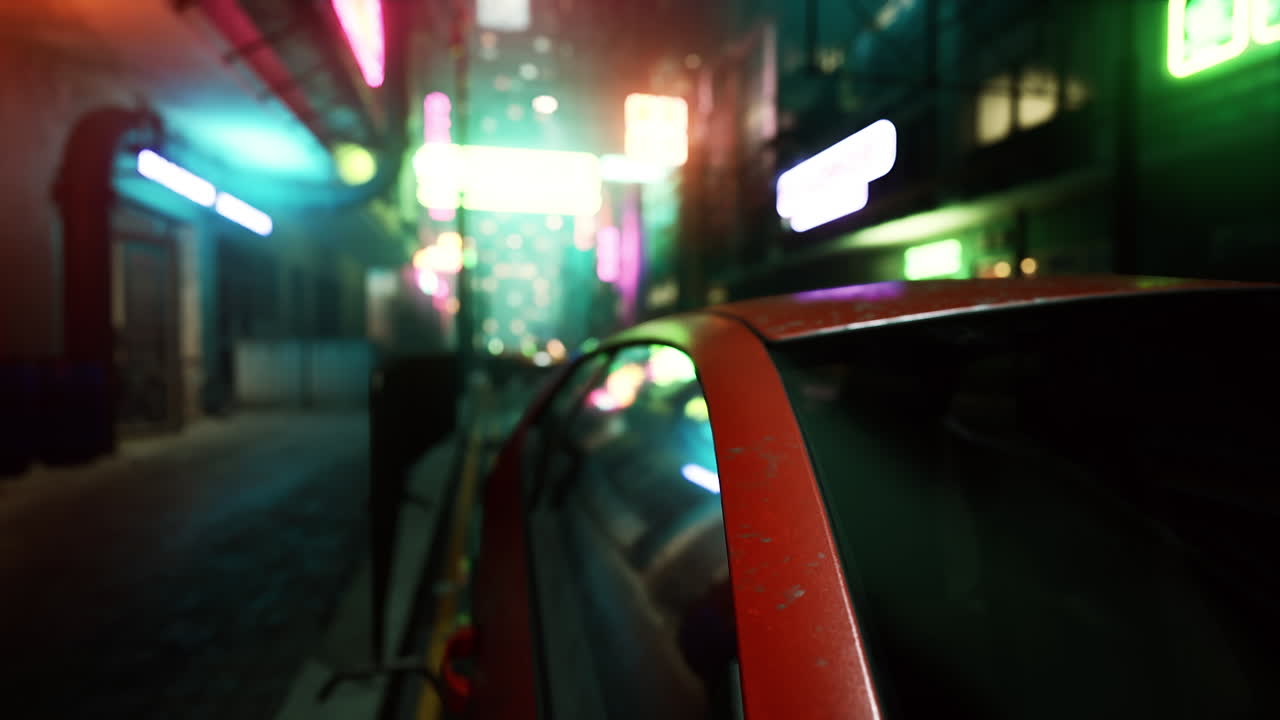 밤의 사이버 크 도시 - 어두운 골목에 있는 빨간 차