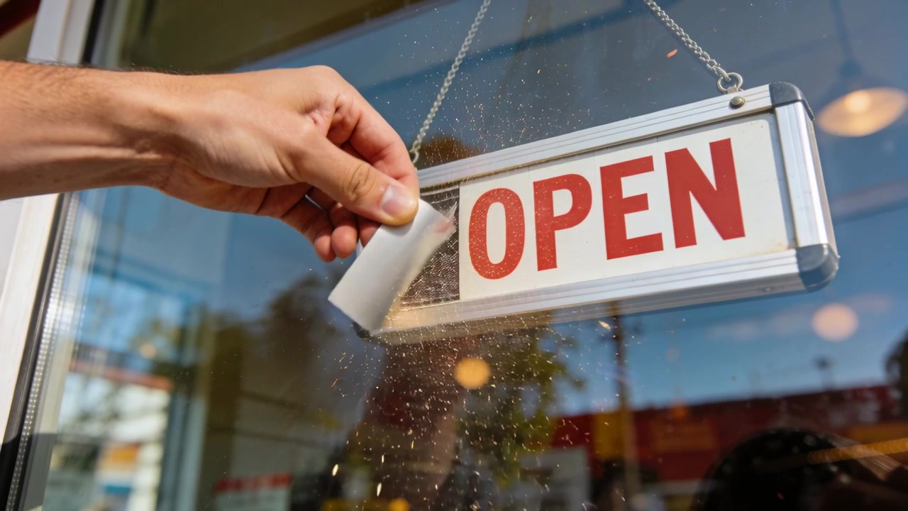 Il proprietario a braccia nude afferra la linguetta, stacca la pellicola dal cartello "OPEN" su una porta a vetri per rivelare un triangolo nero.