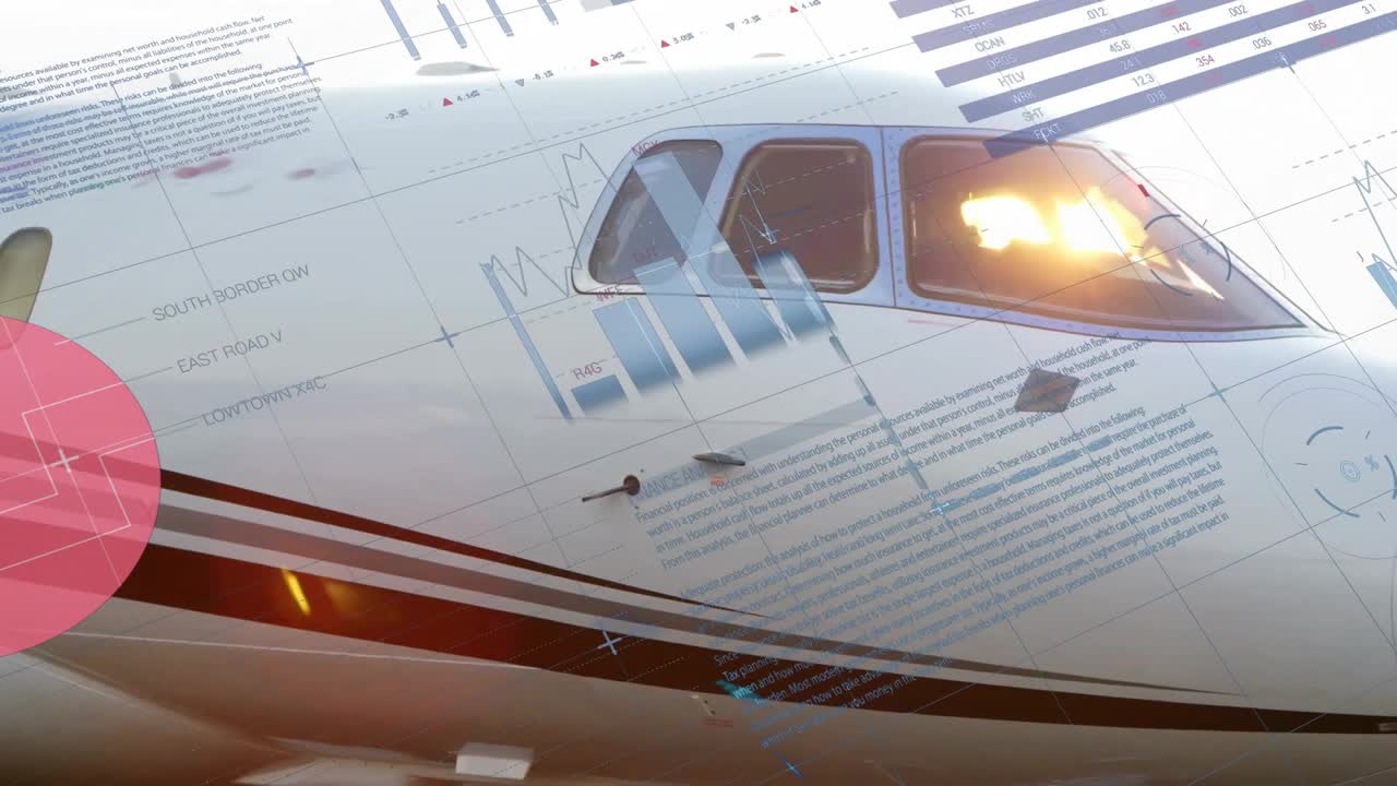 all'apertura, visualizzazione della fusoliera di un jet con sovrapposizioni di dati scorrevoli, rotanti e pulsanti che visualizzano le metriche