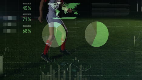 jugador de fútbol pateando la pelota con datos analíticos animación sobre el mapa del mundo y gráficos