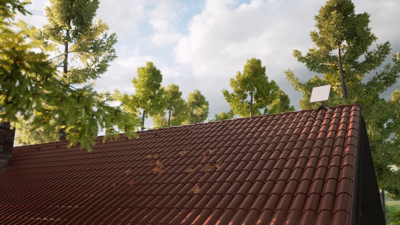 un tiro de animación en 3d de una antena receptora de internet por satélite en una valla de una casa rural.
