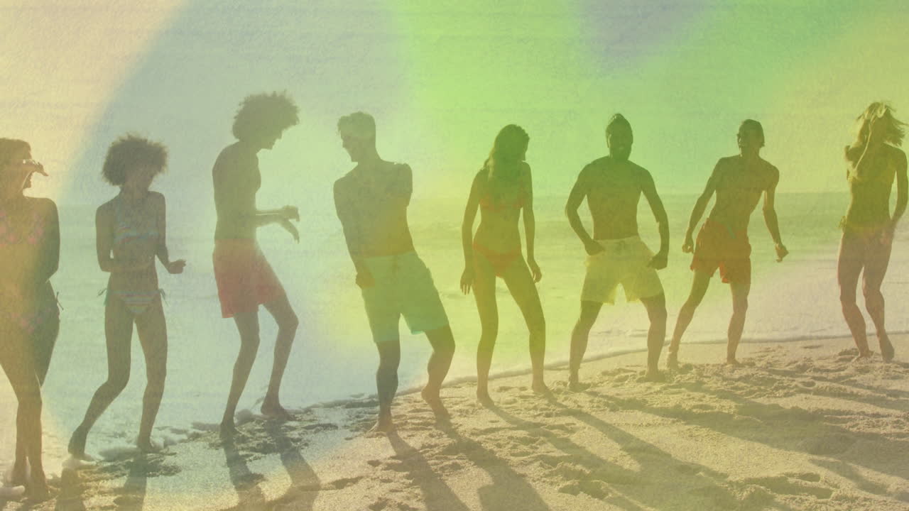 Dancing on beach, people surrounded by colorful light animation in background