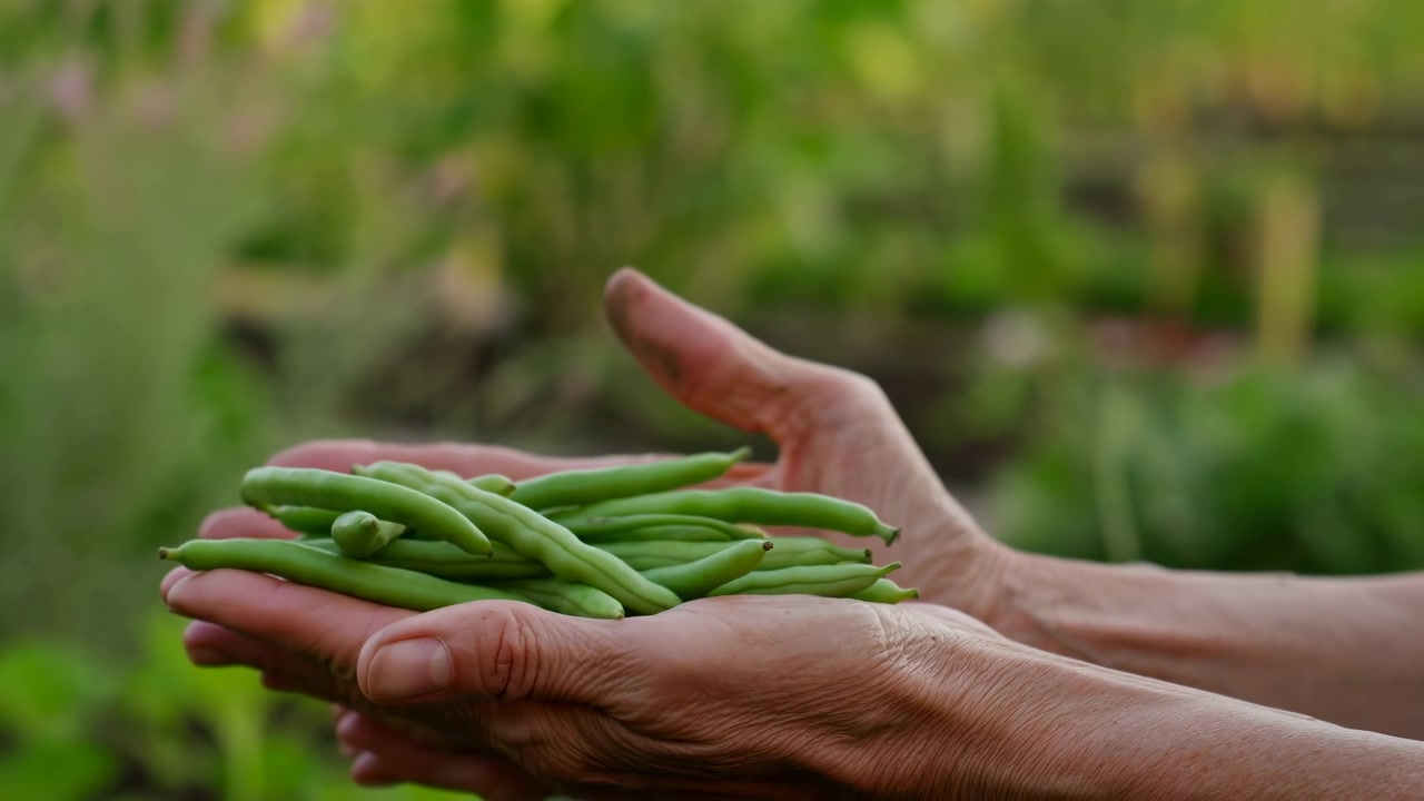 Hands presenting freshly harvested green beans over garden bed during mid sequence harvest