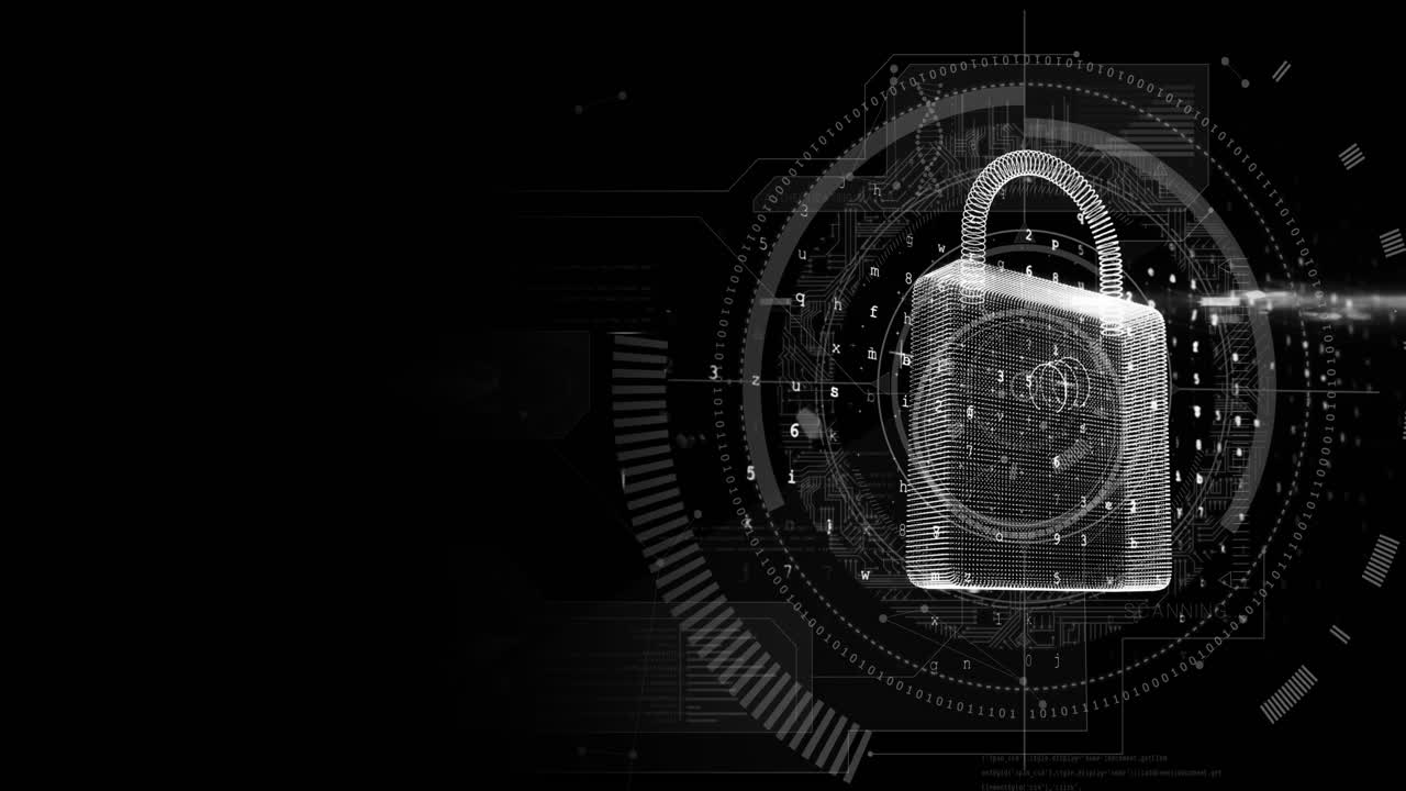 Animation of online security padlock with data processing in background