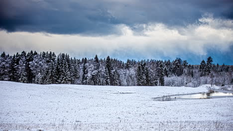 Clima-Pesado-Nublado-Sobre-El-Bosque-Boreal,-Paisaje-Helado-De-Invierno,-Temporada-De-Navidad,-Lapso-De-Tiempo