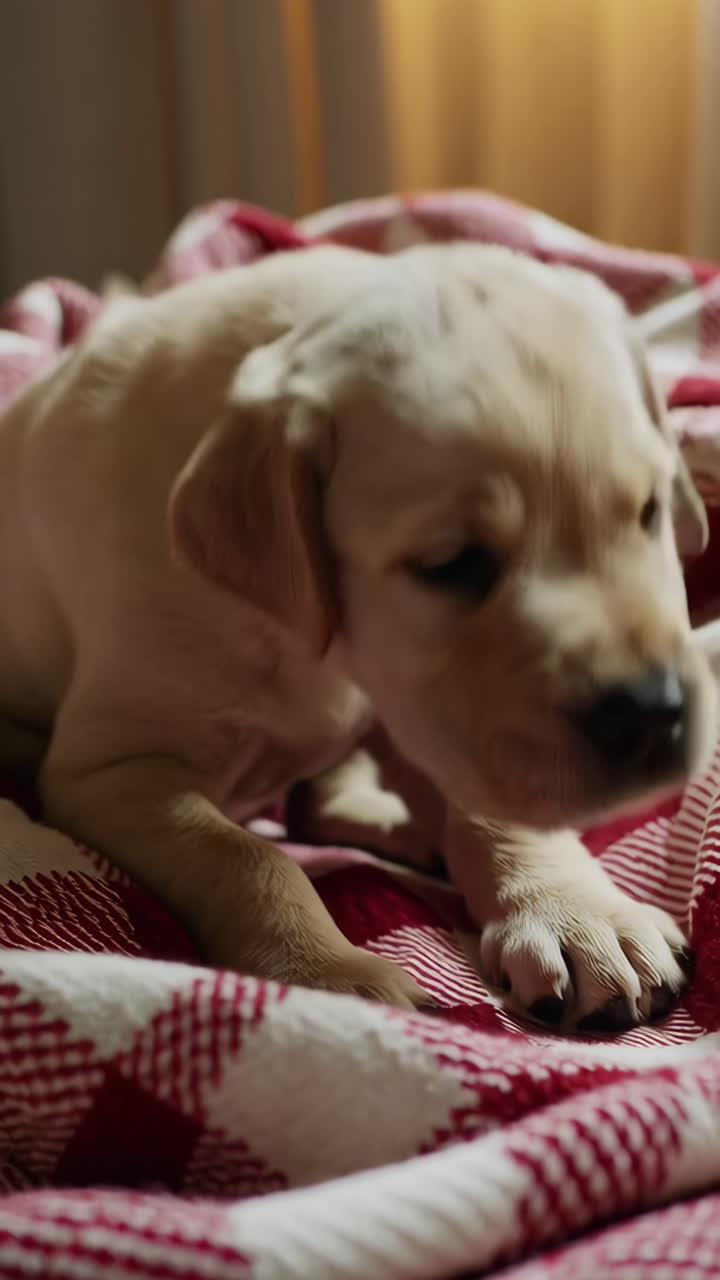 A cute puppy sleeping and resting on a red and white checkered blanket