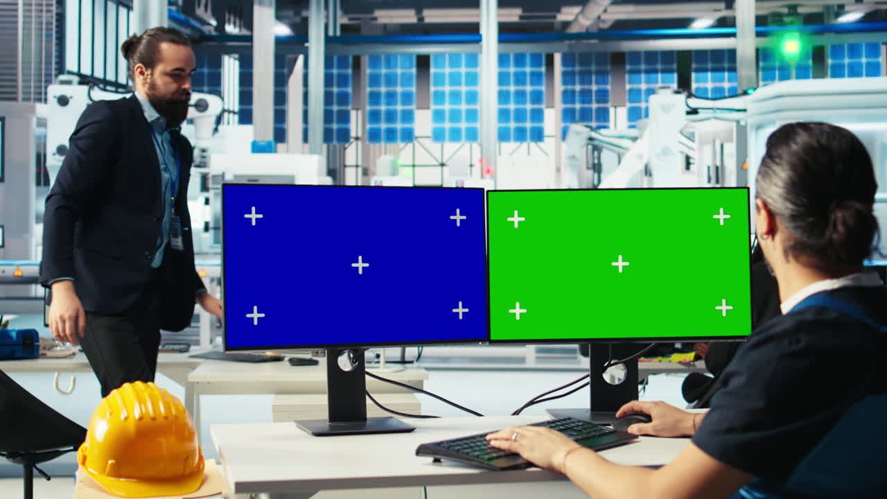 크로마 키를 사용하여 새로운 광전자 재료를 연구하는 사람