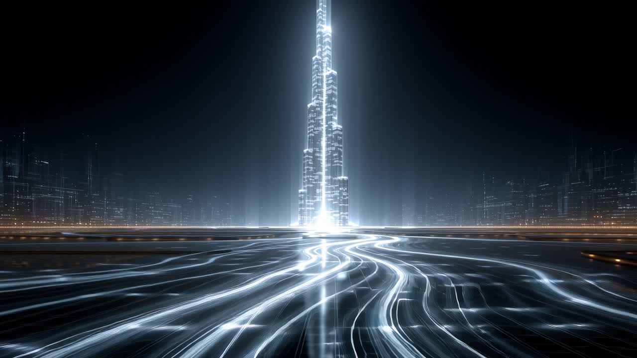 Luminous data streams and light trails flowing through a futuristic city highway, converging into a central glowing skyscraper that represents information technology and global connectivity