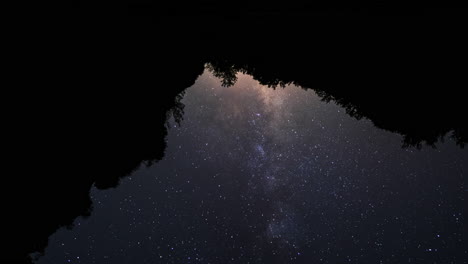 dramatic milky way time lapse reflection in a lake inside a forest