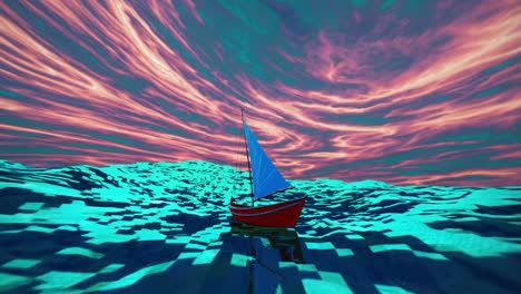 velero rojo en un mar abstracto colorido