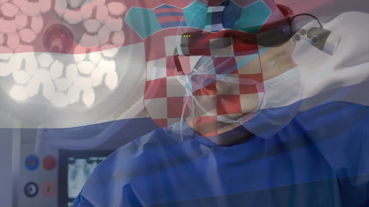 Male surgeon adjusting control panel in medical operating room, blending Croatian flag overlay