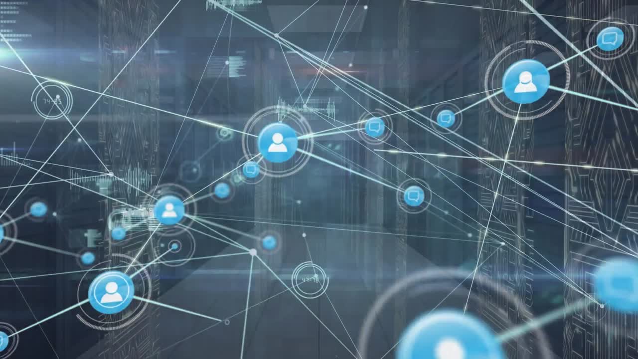 animación de la red de conexiones con iconos a través de servidores informáticos