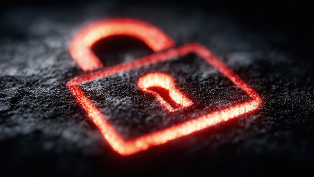 Rappresentazione dinamica di un'icona a forma di lucchetto luminoso su una superficie strutturata, che enfatizza i temi della sicurezza, della protezione e della privacy nell'era digitale