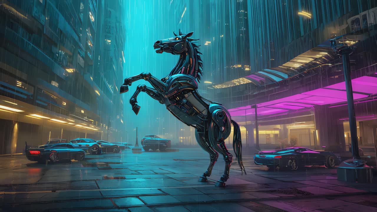 Cyberpunk robothest i futuristisk by