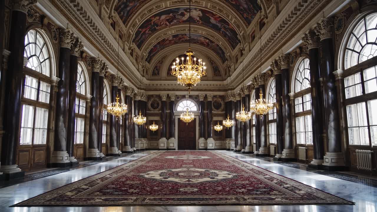 Grande sala con lampadari e finestre ad arco, ripresa da un'angolazione bassa.