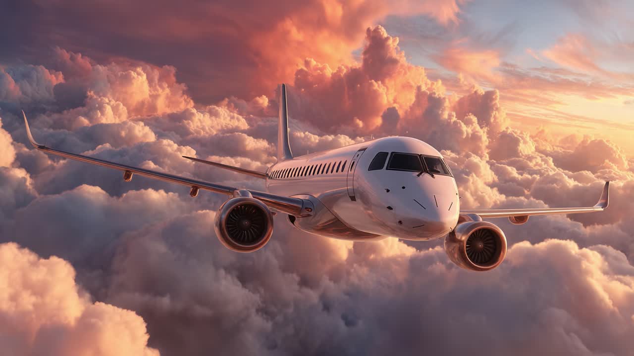 A Stunning Sunset View of a Modern Jet Airplane Soaring Above the Colorful Clouds, Capturing the Serenity of Flight in the Twilight Sky