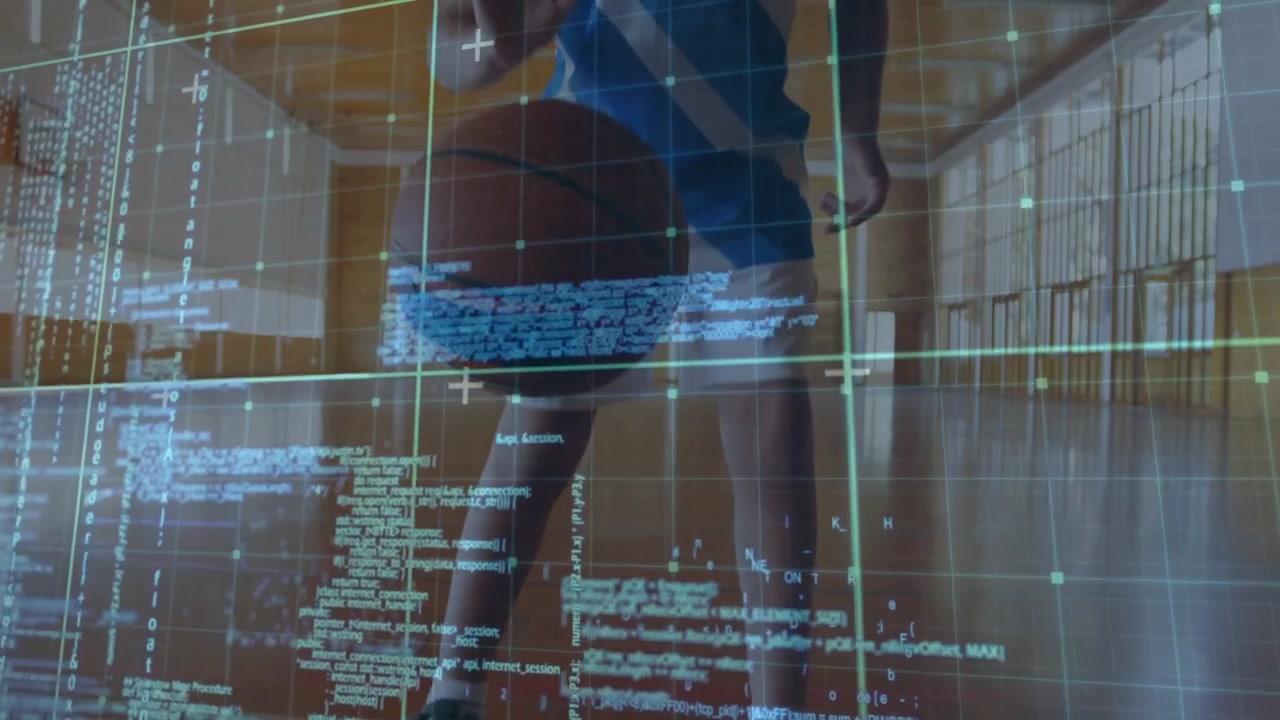 Animation of digital screen with data processing over teenage boy playing basketball