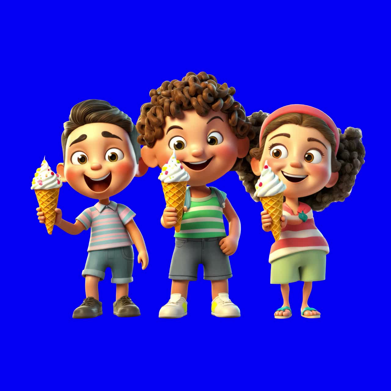 Children enjoying ice cream cones animation, transparent 4K video, green screen
