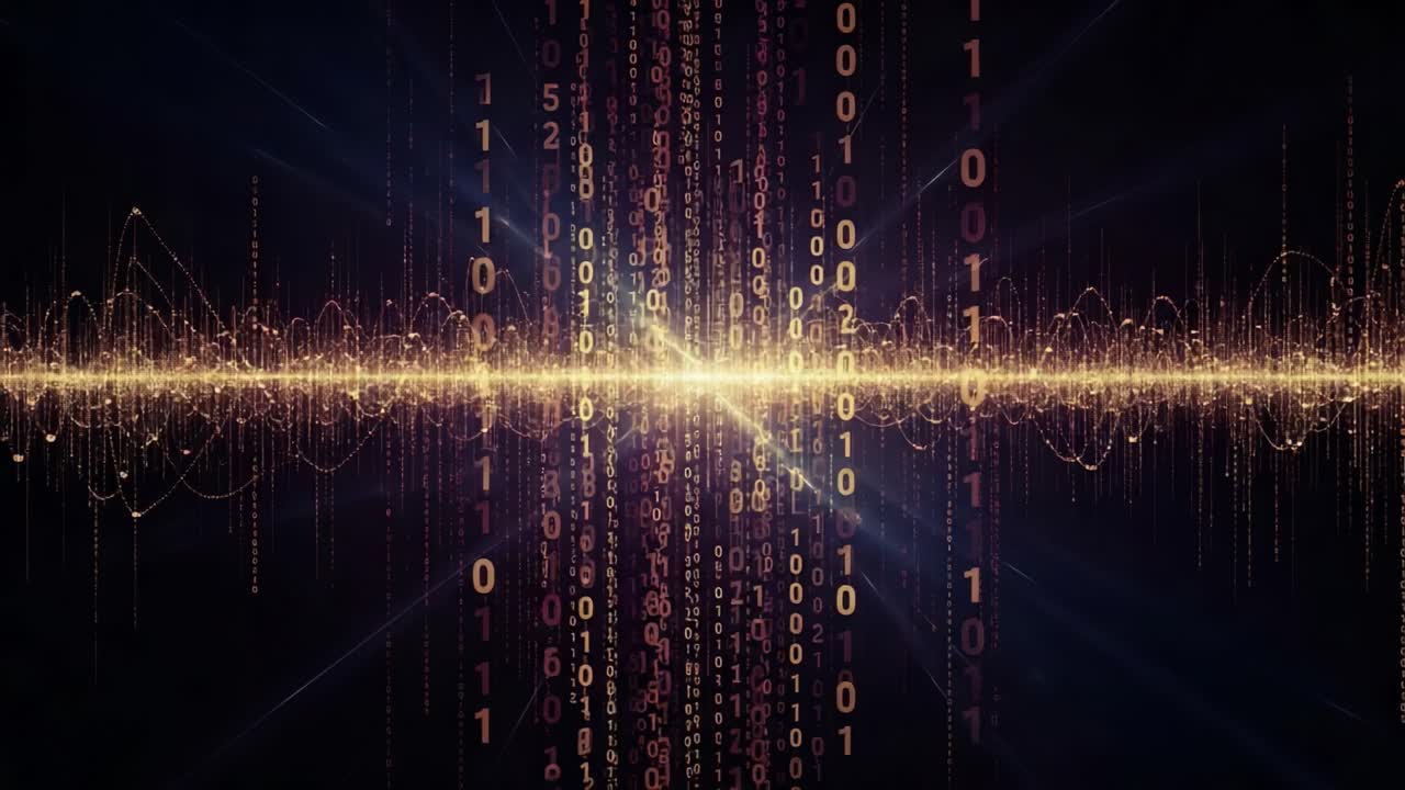 An Abstract Visualization of Data Flow Represented by Binary Code and Waveforms, Highlighting the Interaction Between Technology and Information Processing