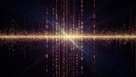 an abstract visualization of data flow represented by binary code and waveforms, highlighting the interaction between technology and information processing