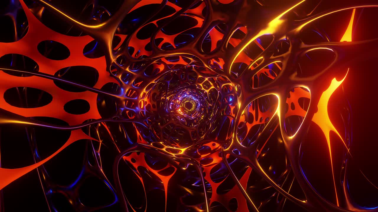 vuelo abstracto en el túnel de ciencia ficción orgánico con luz azul naranja brillante. 4k 3d animo de bucle sin fin de estilo de dibujos animados de cómic túnel de luz alienígena. efecto visual de bucle continuo animación de título de alta tecnología.