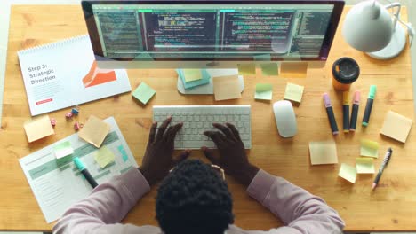directly above of man typing programming code on computer at office desk