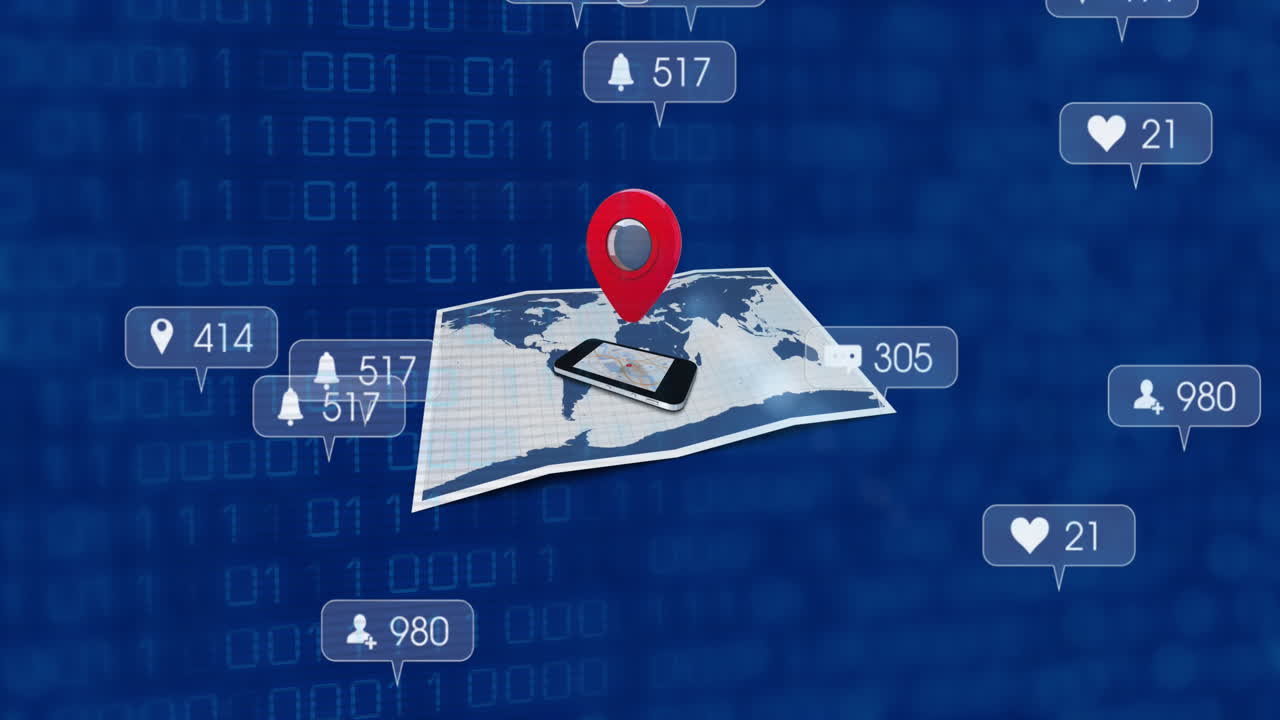 animación de teléfono celular en el mapa y señalar con cajas de mensajes sobre códigos binarios en fondo azul