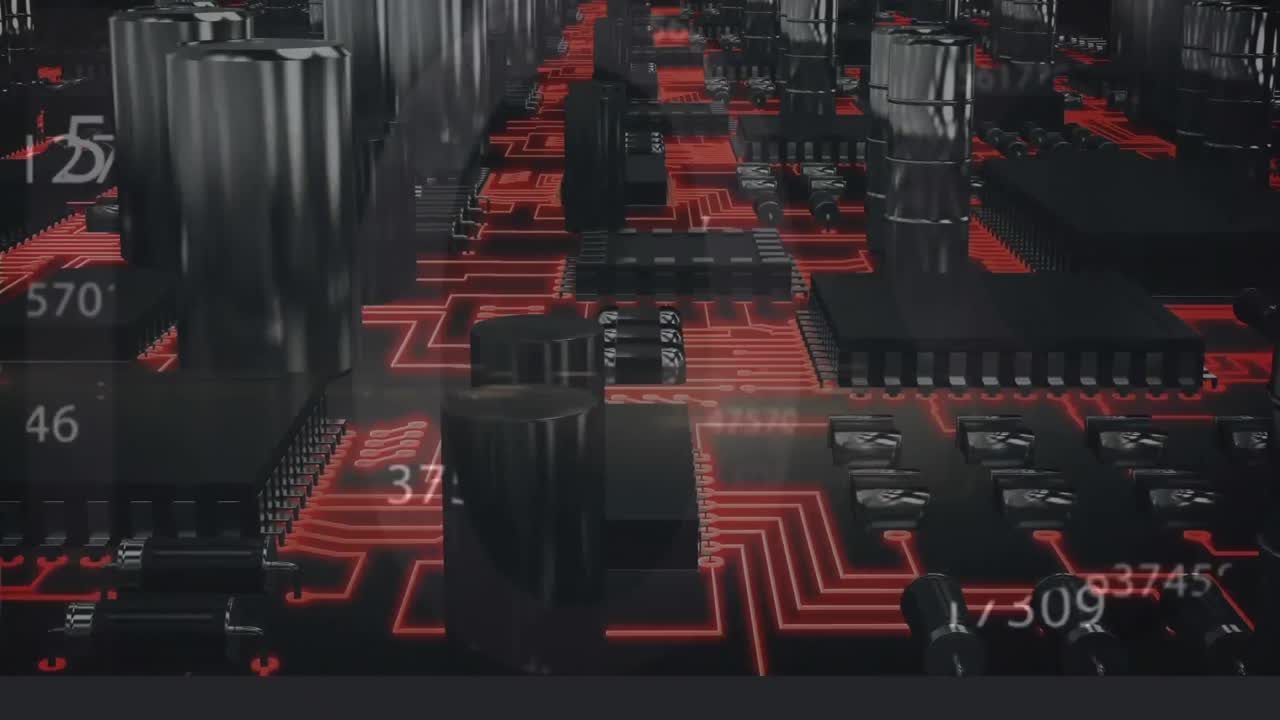 Animation of data processing over glowing computer motherboard