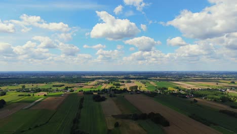 Bird's-eye-view-of-agricultural-area-and-green-wavy-fields-in-sunny-day