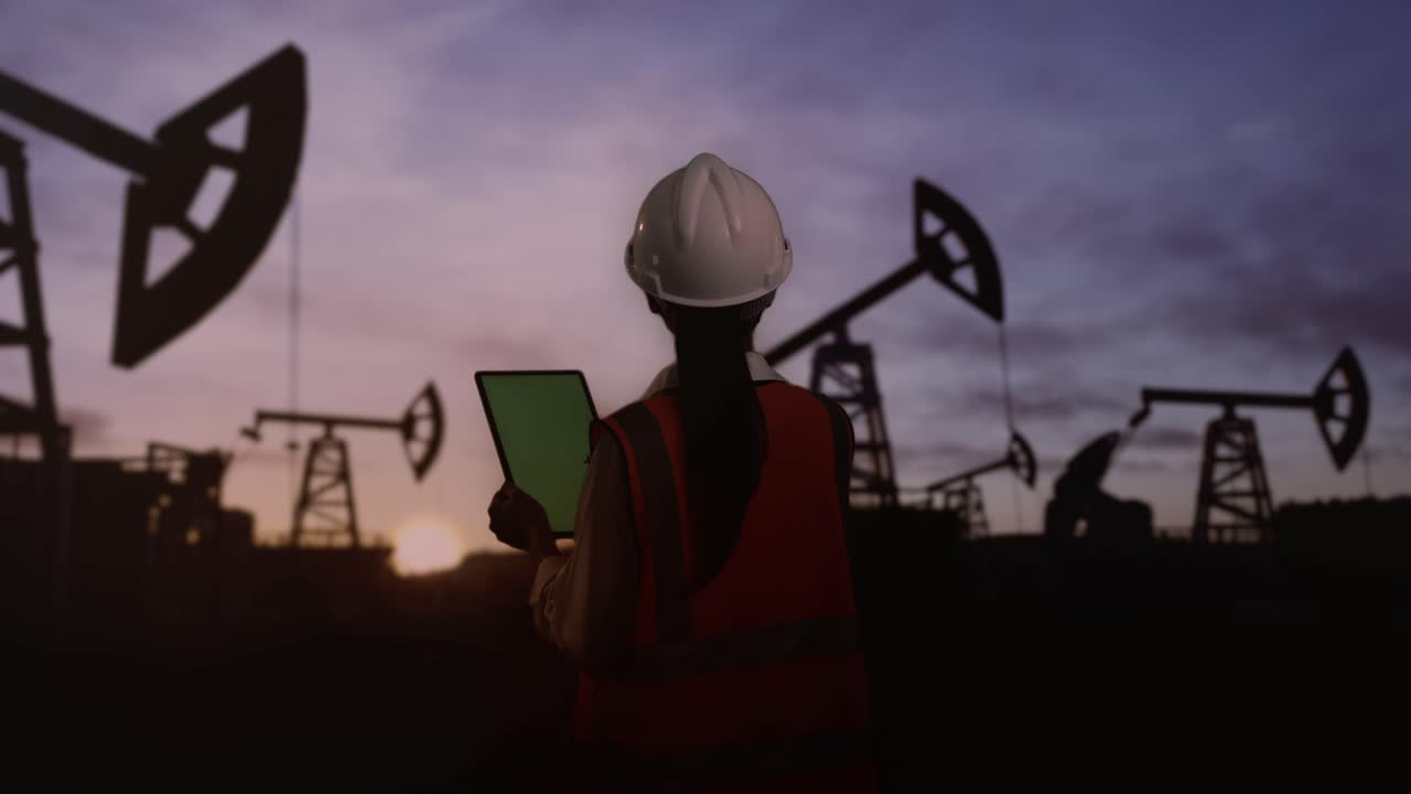 vista trasera de una ingeniera asiática con casco de seguridad inspecciona las bombas de petróleo al amanecer en un gran campo petrolífero. trabajando en una tableta de pantalla verde y mirando a su alrededor