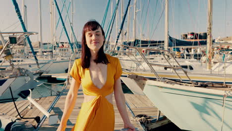 woman, boat and suitcase at port