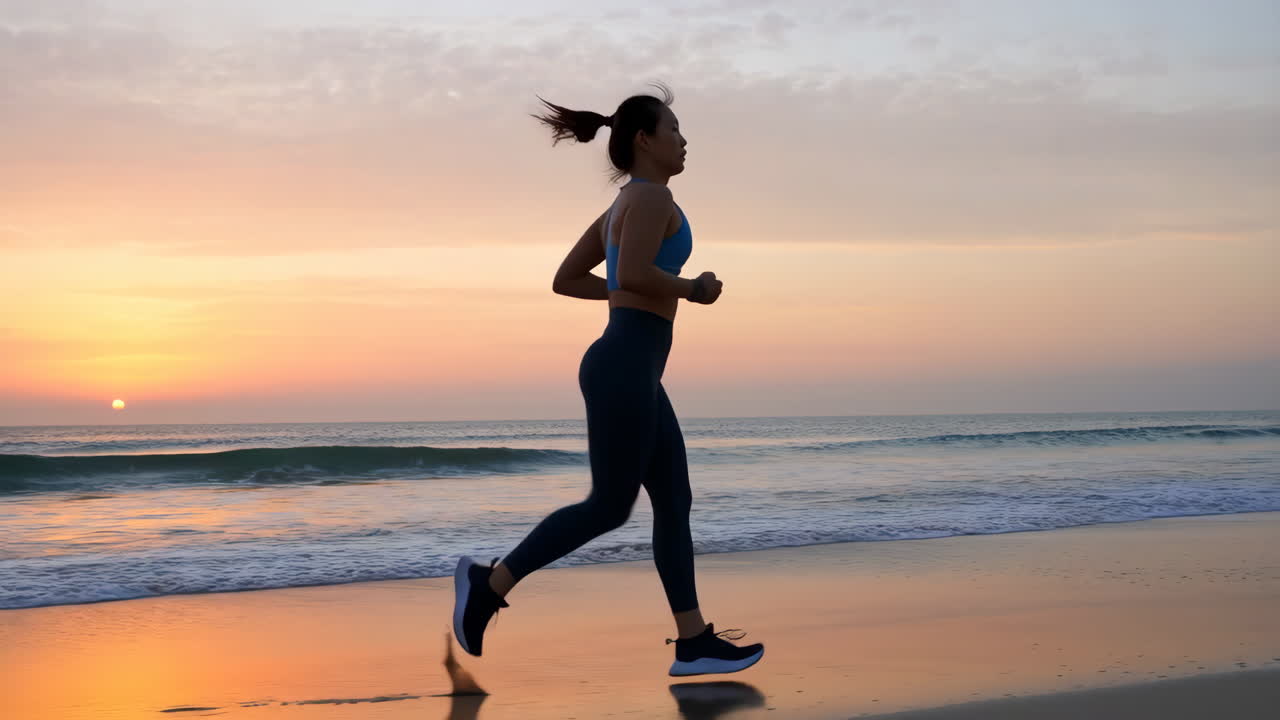Donna che corre sulla spiaggia al tramonto