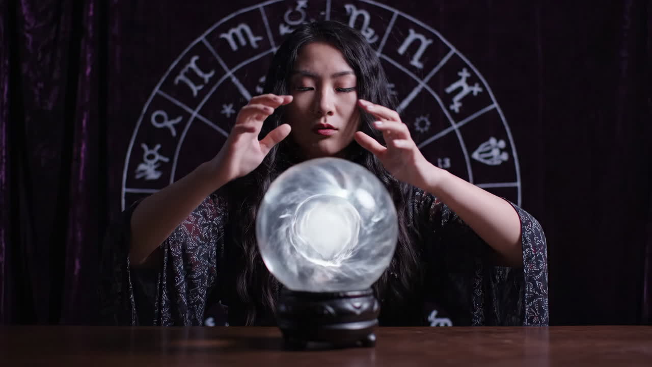 Woman Fortune Teller with Crystal Ball and Astrological Symbols