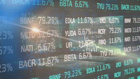 Overlaying digital financial chart, stock market data showing percentages animation