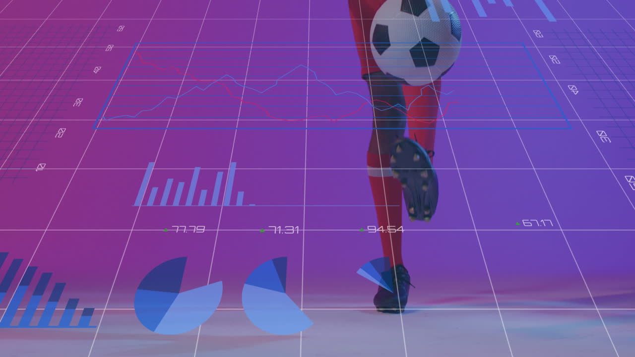 animación de gráficos y procesamiento de datos sobre las piernas de un jugador de fútbol americano afroamericano con una pelota