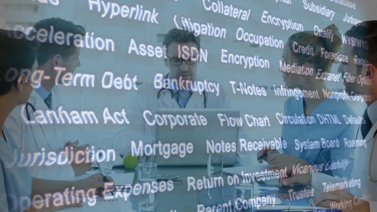 Legal and financial terminology animation over business meeting in office