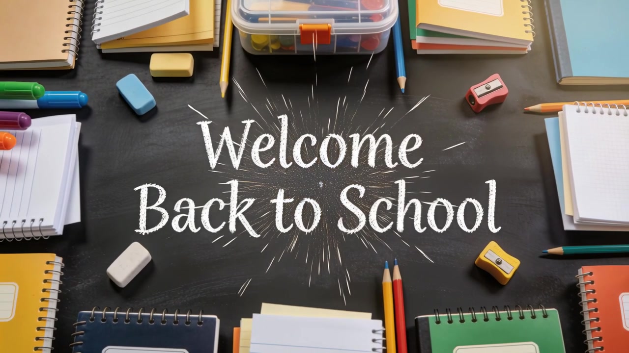 Fluttering papers starting top edge, bursting emphasis on chalkboard welcome back text, notebooks