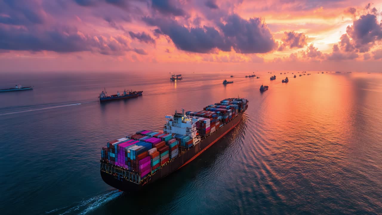 A Majestic Container Ship Navigating Through Tranquil Waters at Sunset, Surrounded by Other Vessels Against a Background of Vibrant Colors in the Sky