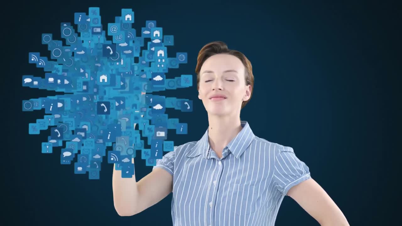 3d 인터랙티브 스크린을 사용하는 백인 여성의 애니메이션